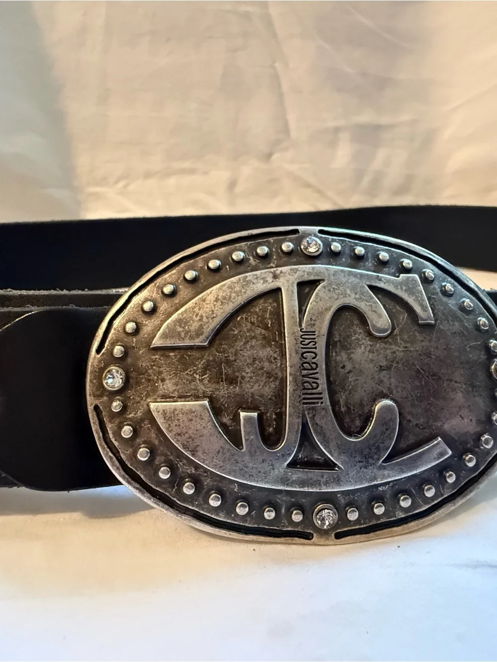 Just Cavalli Distressed Silver Oval Logo Buckle with Black Strap